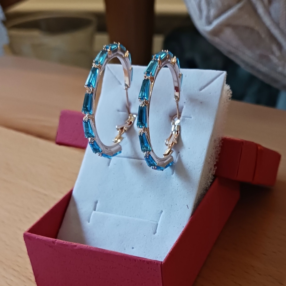 Blue Gemstone Gold Hoop Earrings